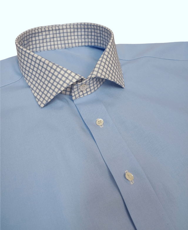 Camicia uomo azzurra con collo e polsi a quadri